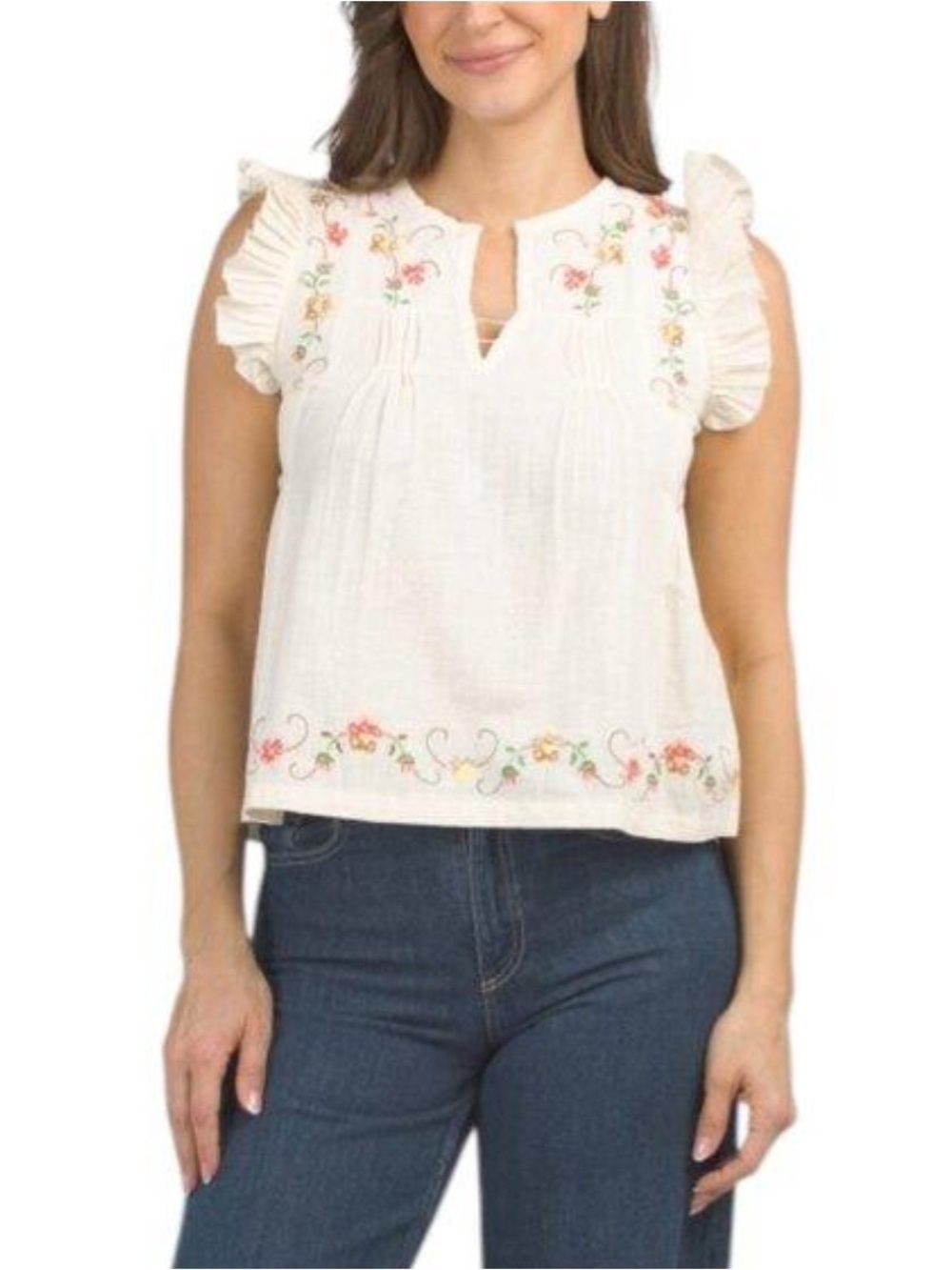 Jennifer & Grace Embroidered Ruffle Sleeve Floral & Cream Women's Top